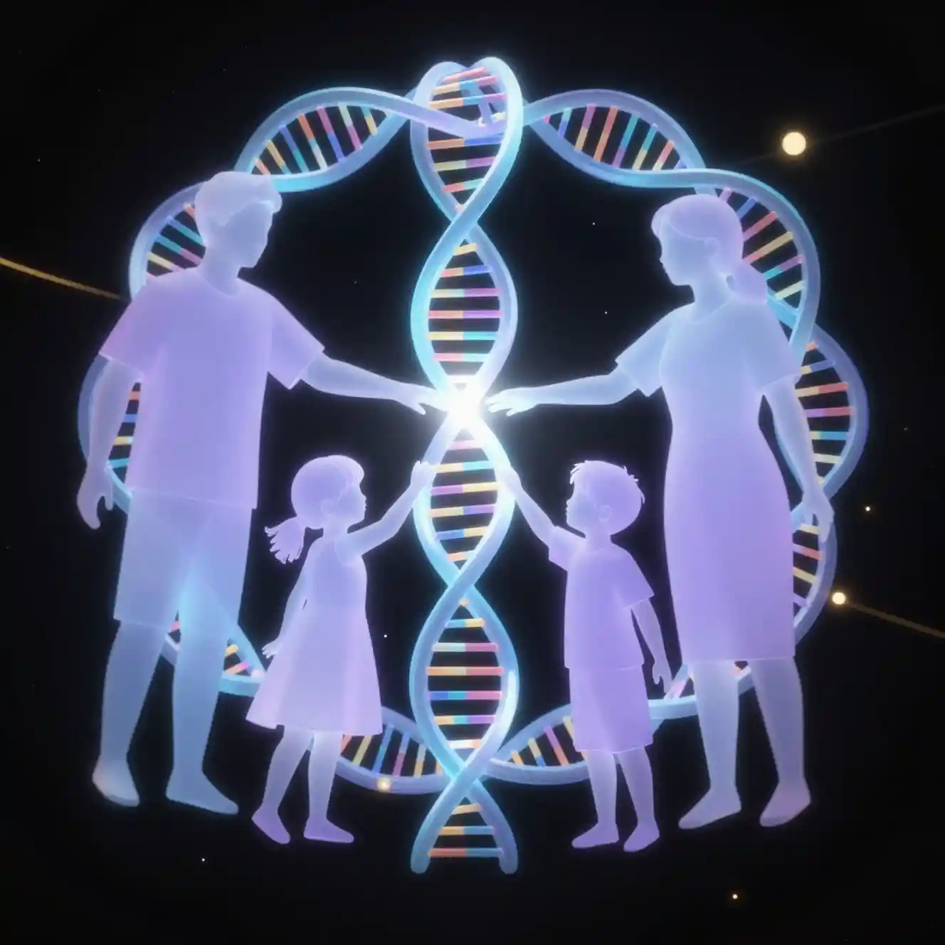 Holographic figures connect across a glowing circular dna helix