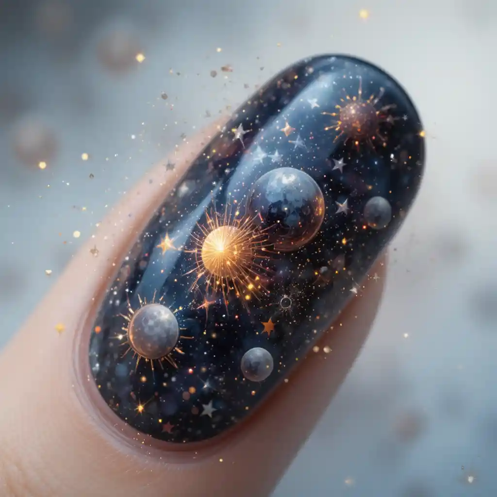 Celestial nail art with suns moons and stars