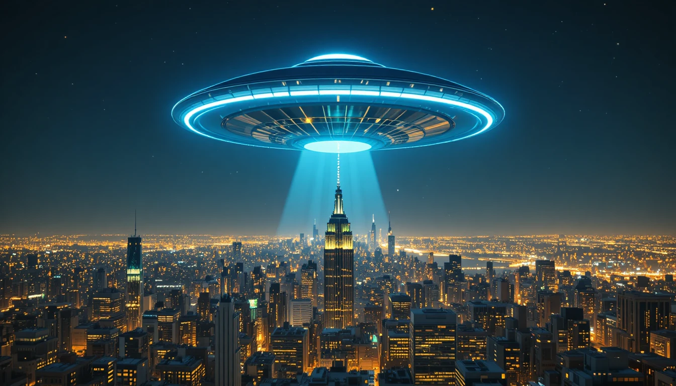 UFO che fluttua sopra lo skyline notturno illuminato della città
