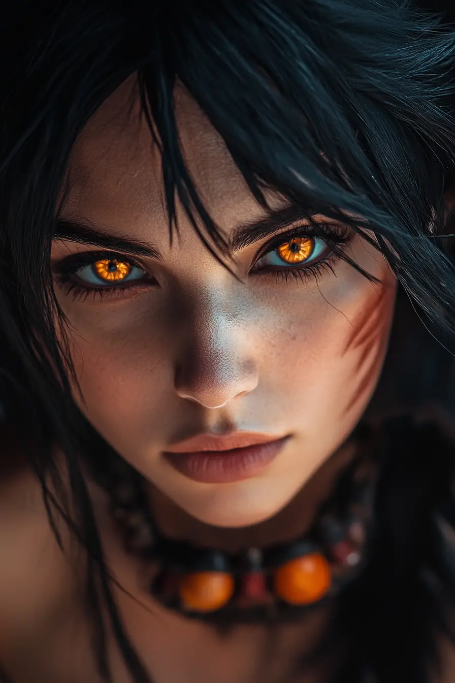 Mujer guerrera amazónica en cosplay con fieros ojos felinos de brasa