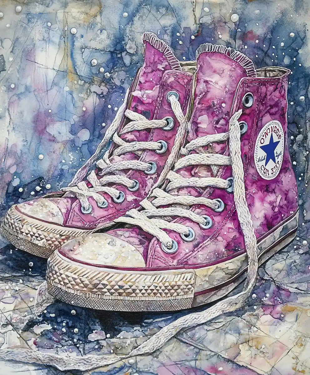 Pink converse sneakers with pearl laces in ink painting