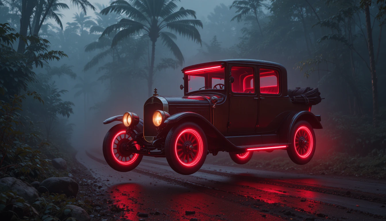 Red neon car floating through misty jungle at dusk