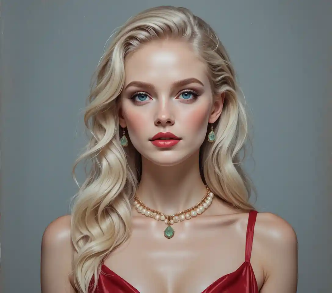 Affascinante donna bionda in abito rosso con i capelli bagnati