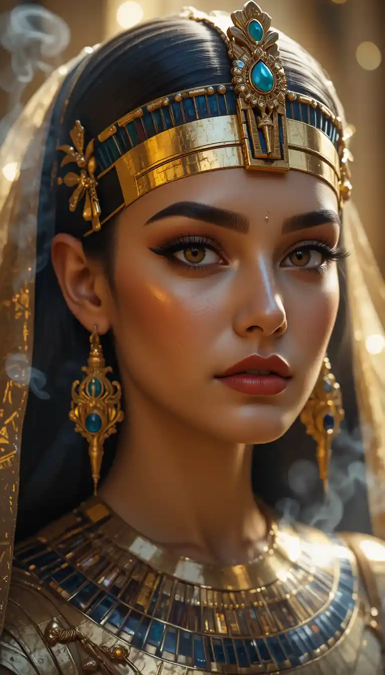 Ancient Egyptian princess portrait with golden royal jewelry