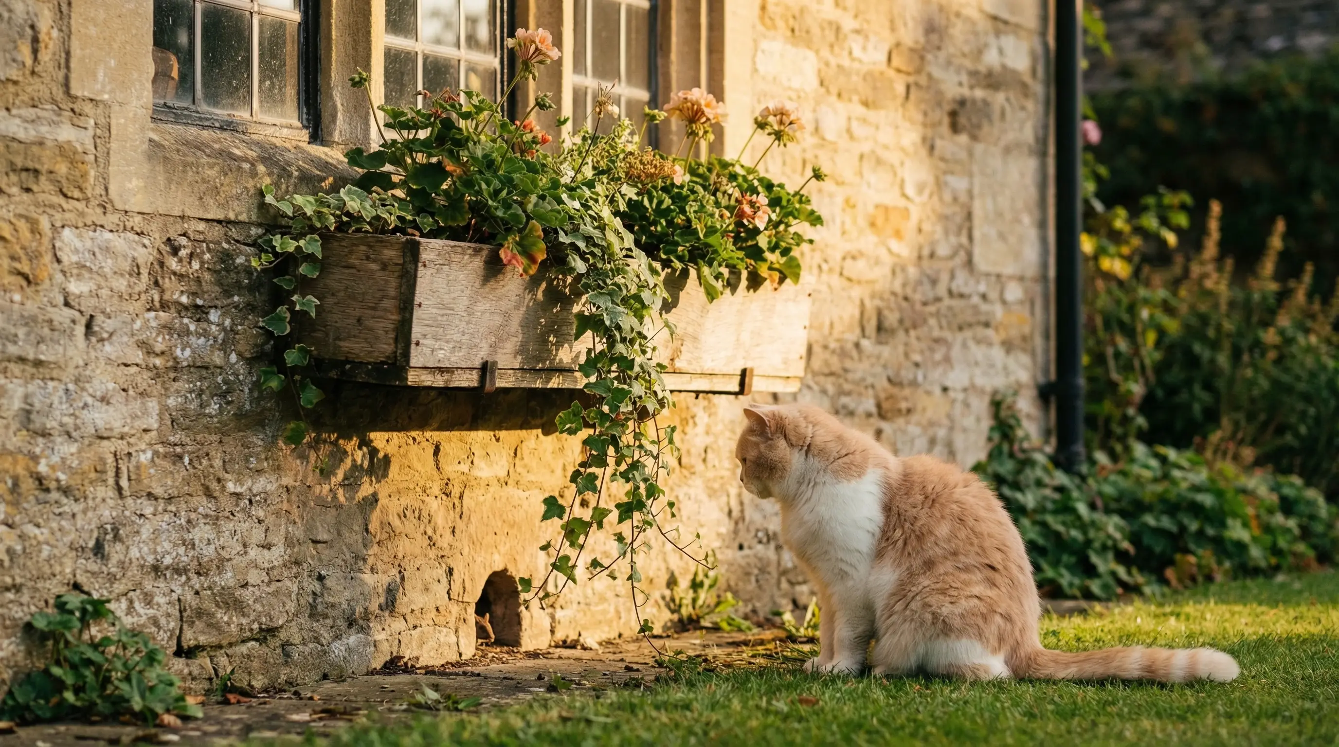 Persian cat watching a mouse hole by cottage wall