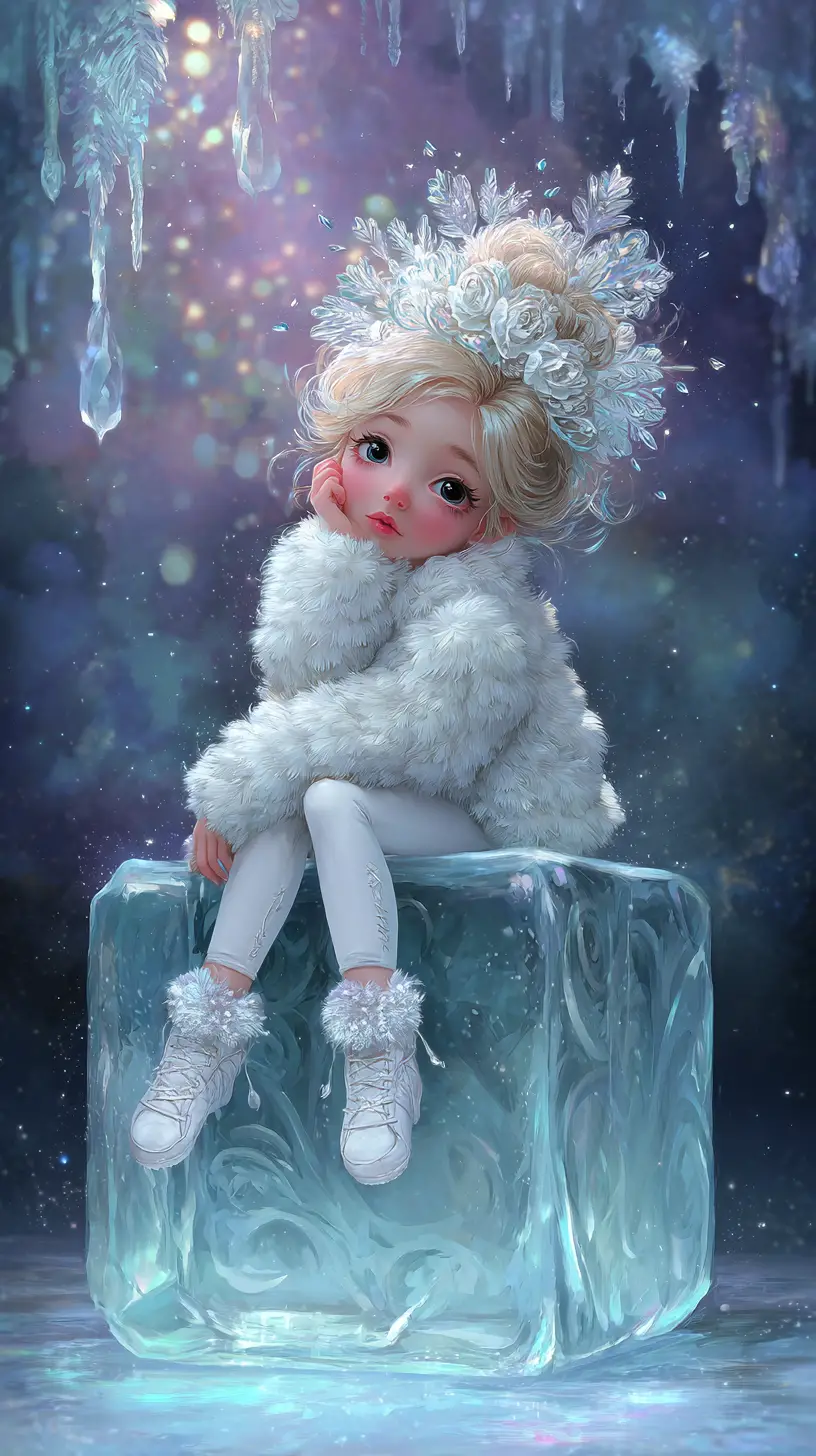 Young Winter Girl Sitting On A Giant Ice Cube
