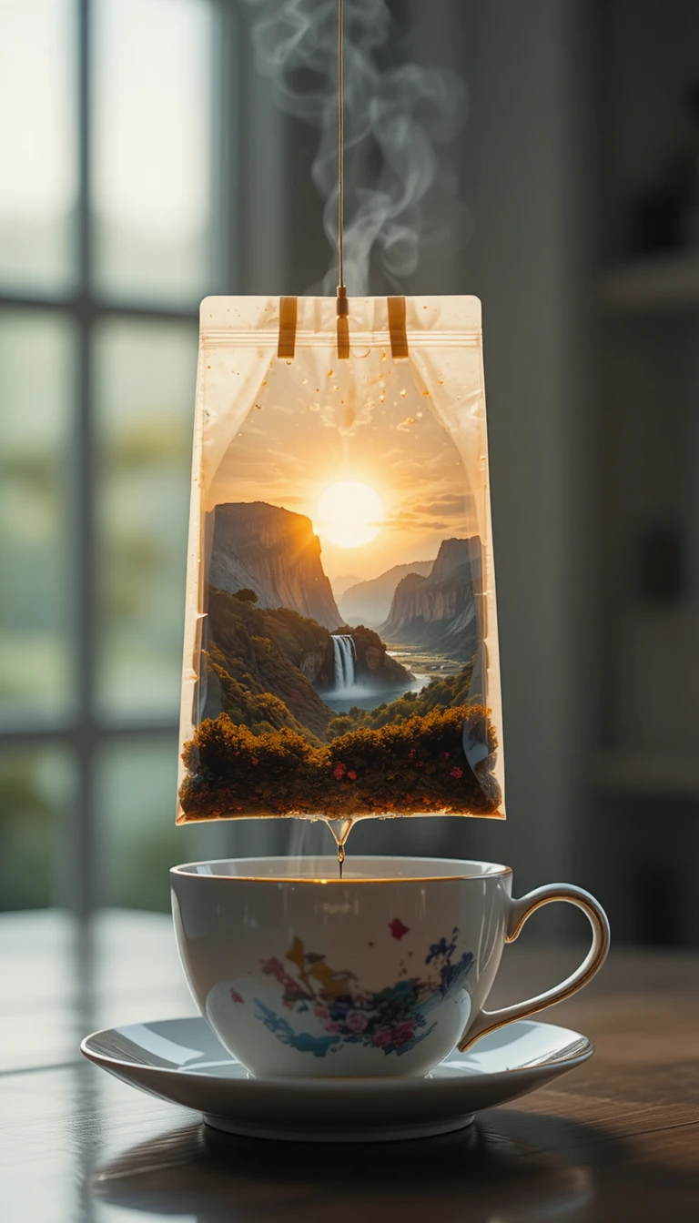 Surreal sunrise glowing inside a transparent hanging tea bag