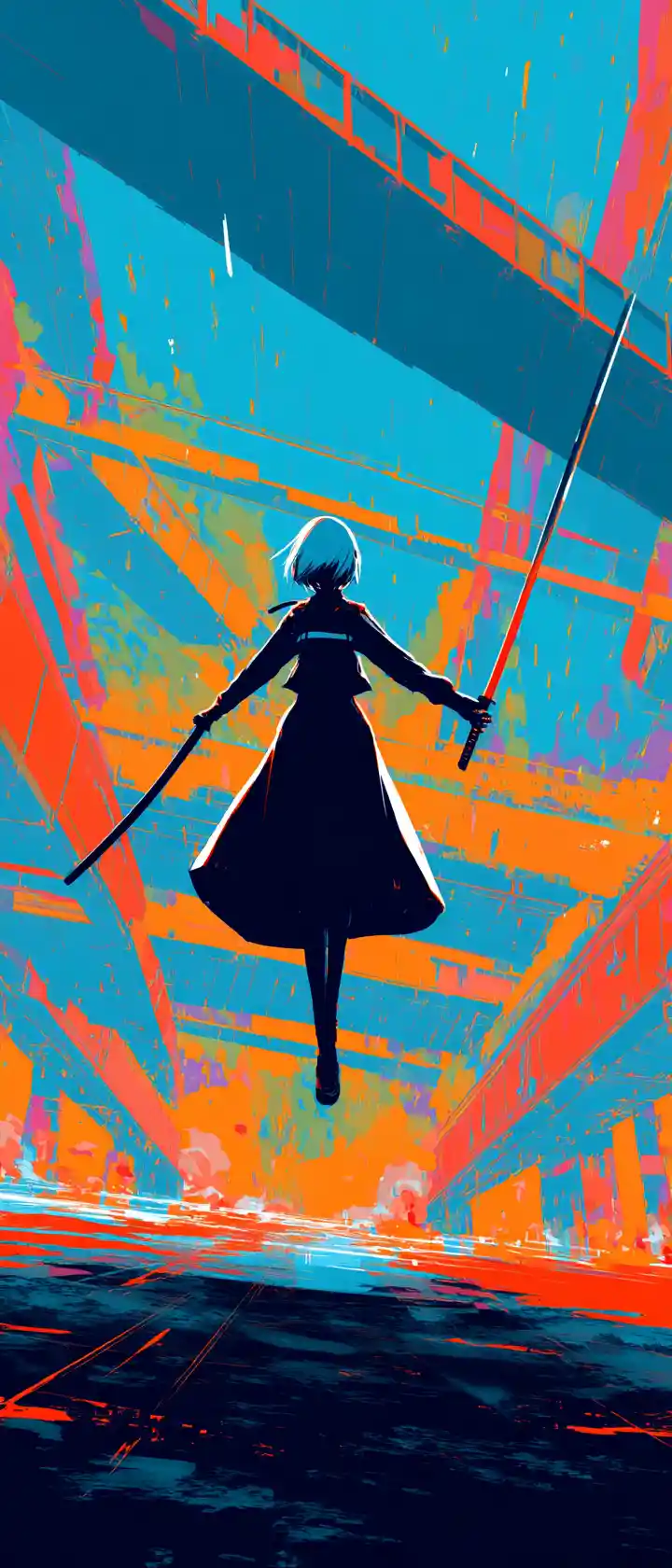Cyber samurai woman leaping through collapsing neon city overpass