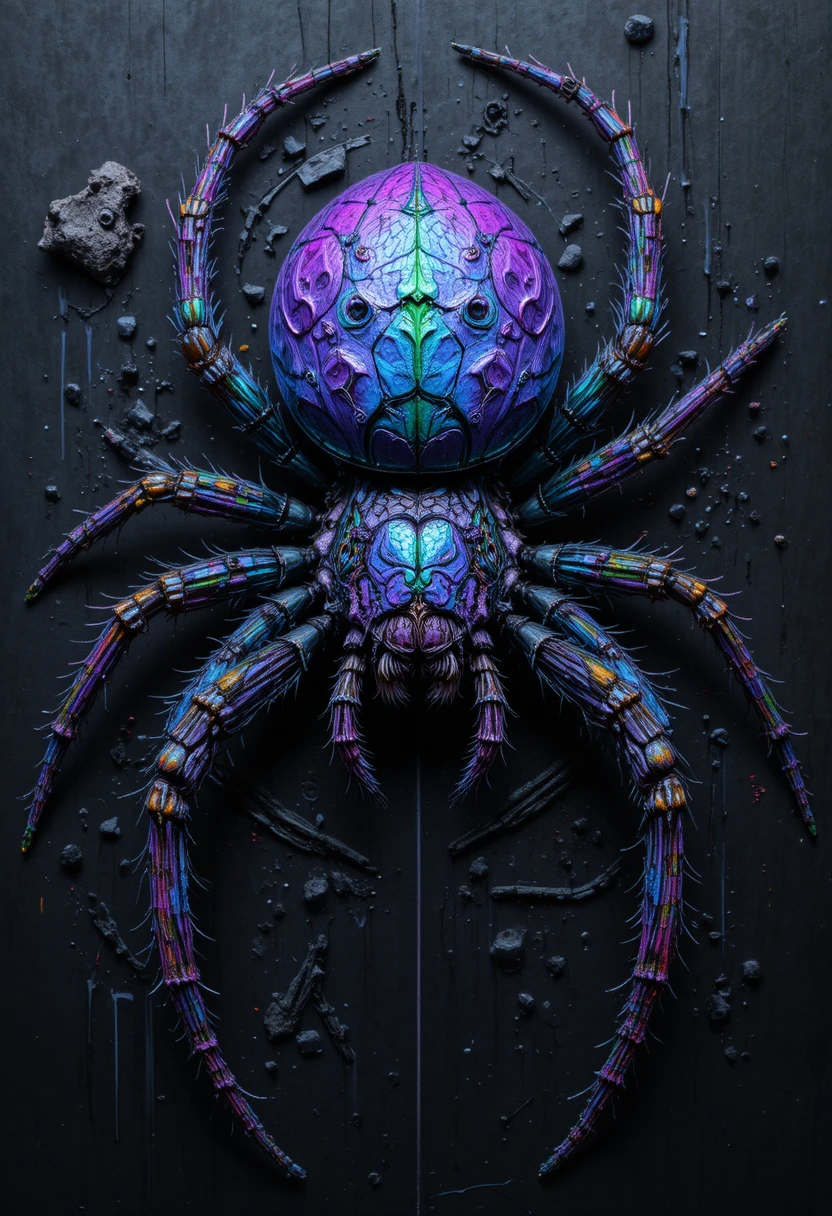 Retrato de aranha em néon violeta em uma parede abstrata escura