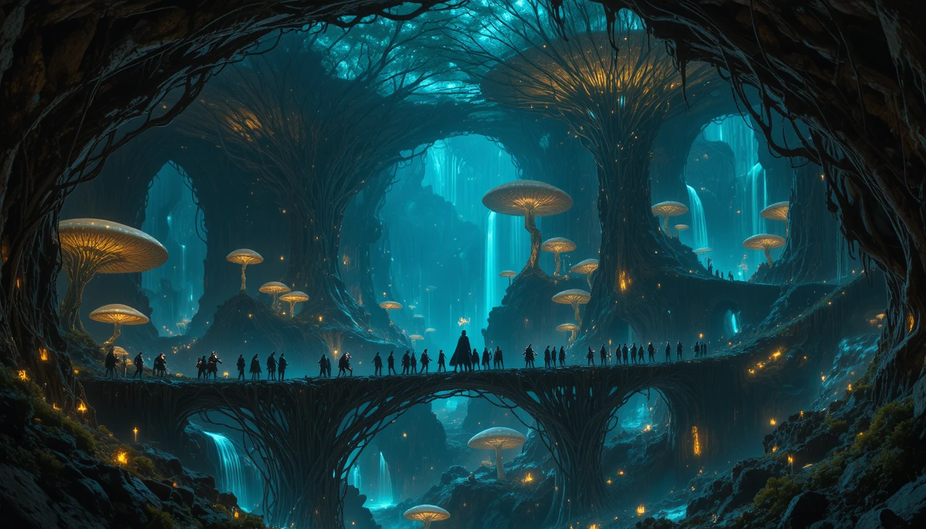 Città sotterranea bioluminescente con creature insettoidi e radici