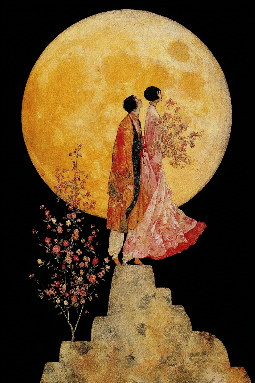 Coppia romantica sotto una luna piena dorata in un cielo surreale