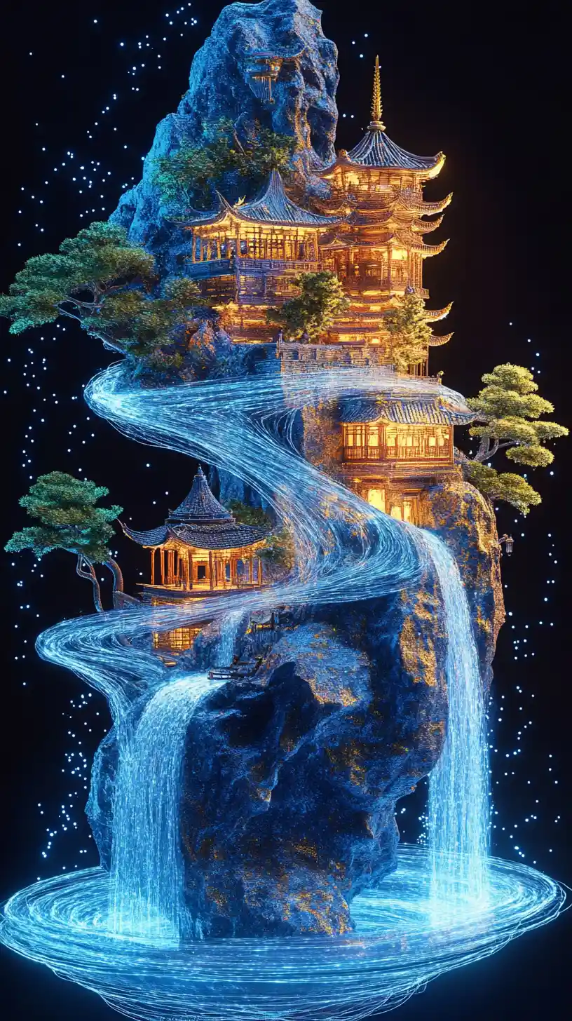 發光卷軸變幻成漂浮山中村落