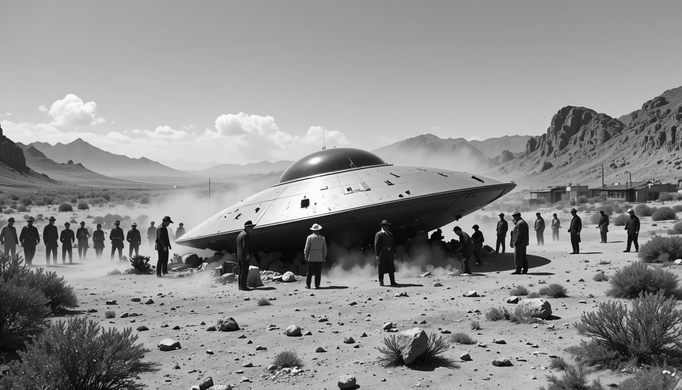 Uomini ispezionano un disco volante precipitato in un paesaggio desertico