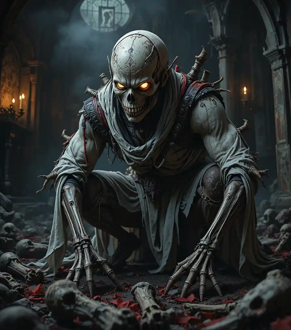 Gothic skeletal spider crypt monster in candlelit tomb