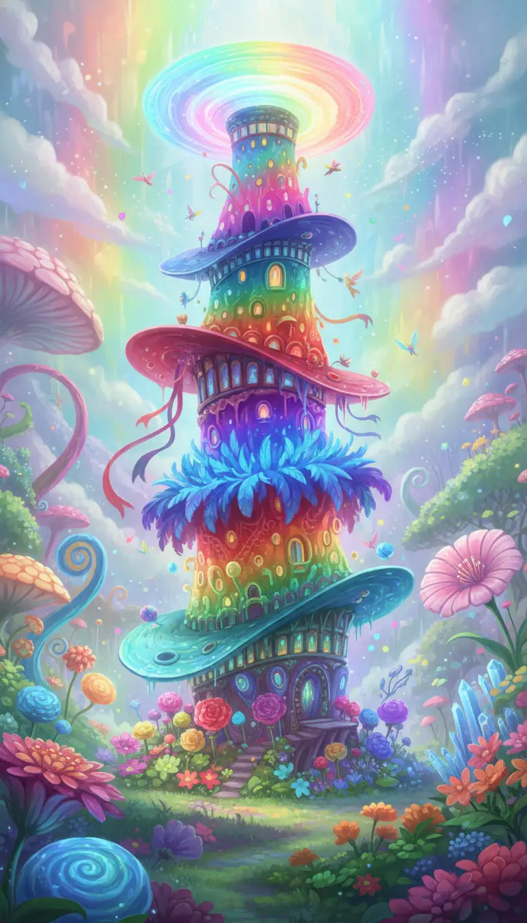 Torre di cappelli fiabesca che si innalza su un giardino di fantasia luminoso