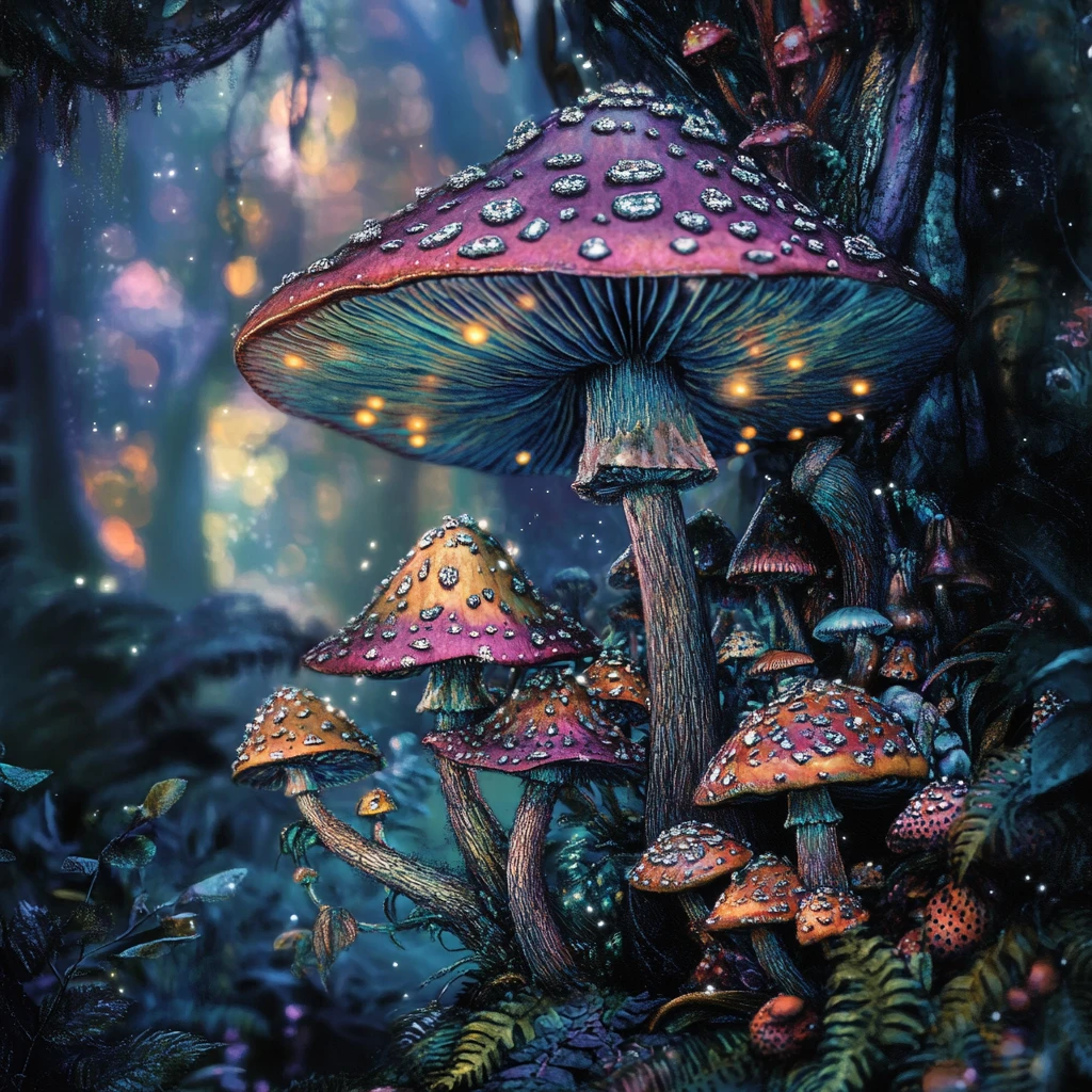 Floresta surreal de cogumelos gigantes e coloridos com manchas prateadas