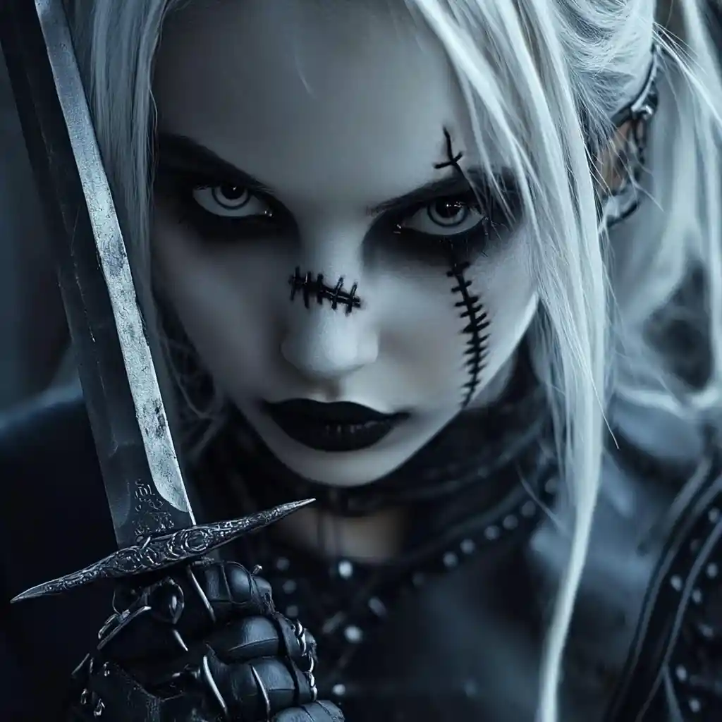 Undead goth rogue woman with stitches and wicked dagger