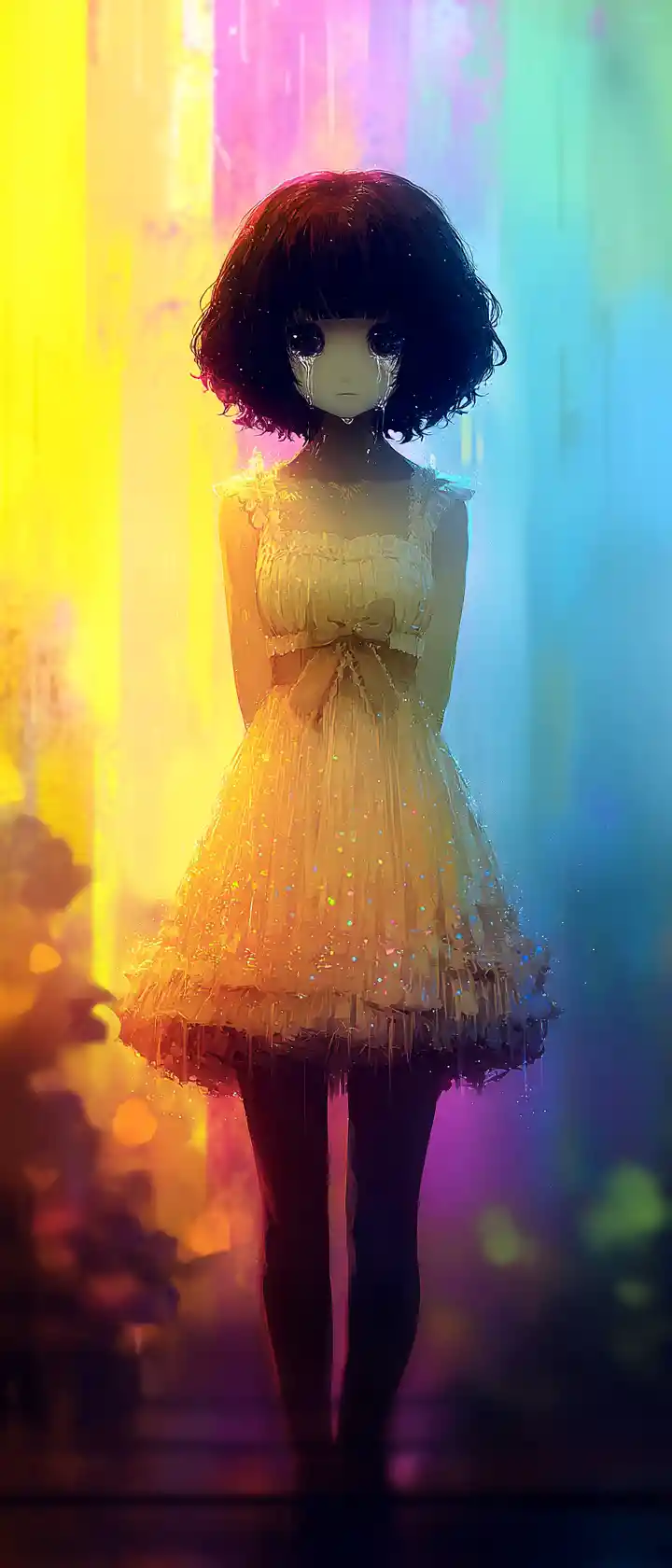 Anime girl in frilly pastel dress with rainbow burst