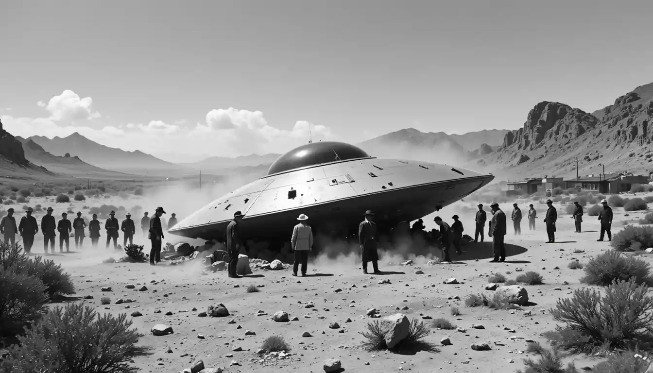 Men Inspect A Crashed Flying Saucer In Desert Landscape