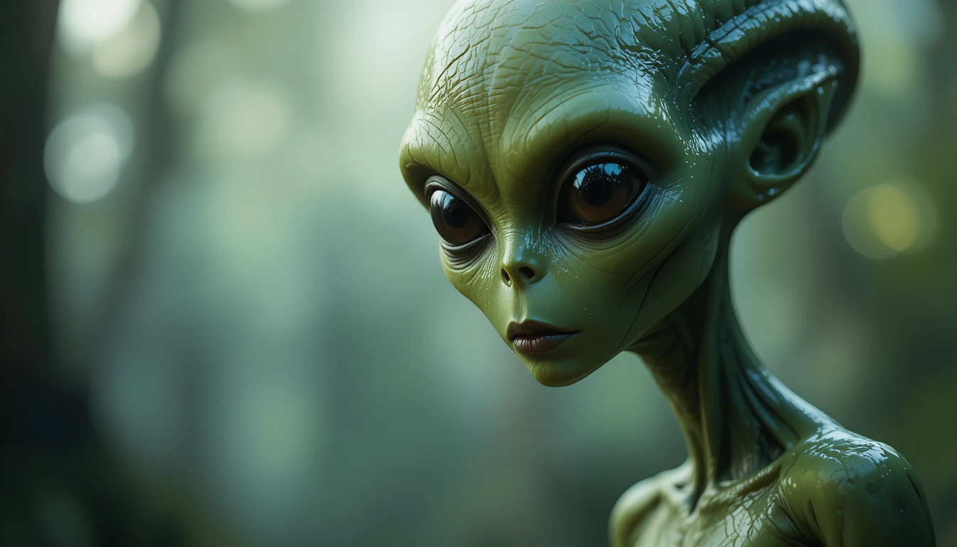 Alien vert sombre en gros plan avec des yeux noirs et réfléchissants