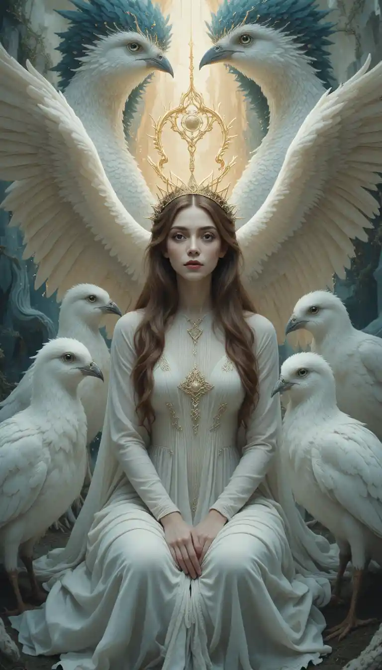 Mystical woman with owls in ethereal renaissance scene