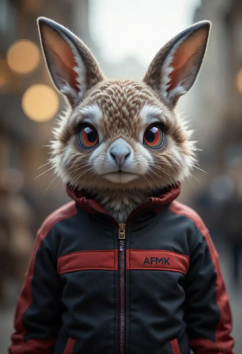 Full body eagle in tracksuit with bright red eyes