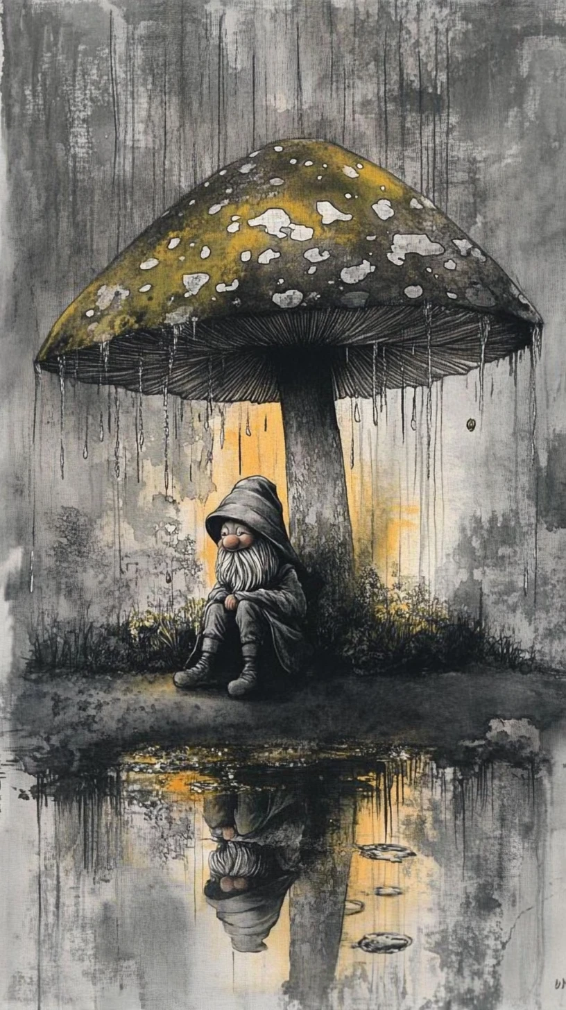 Gnome Under a Glowing Mushroom in a Rainy Fantasy Garden