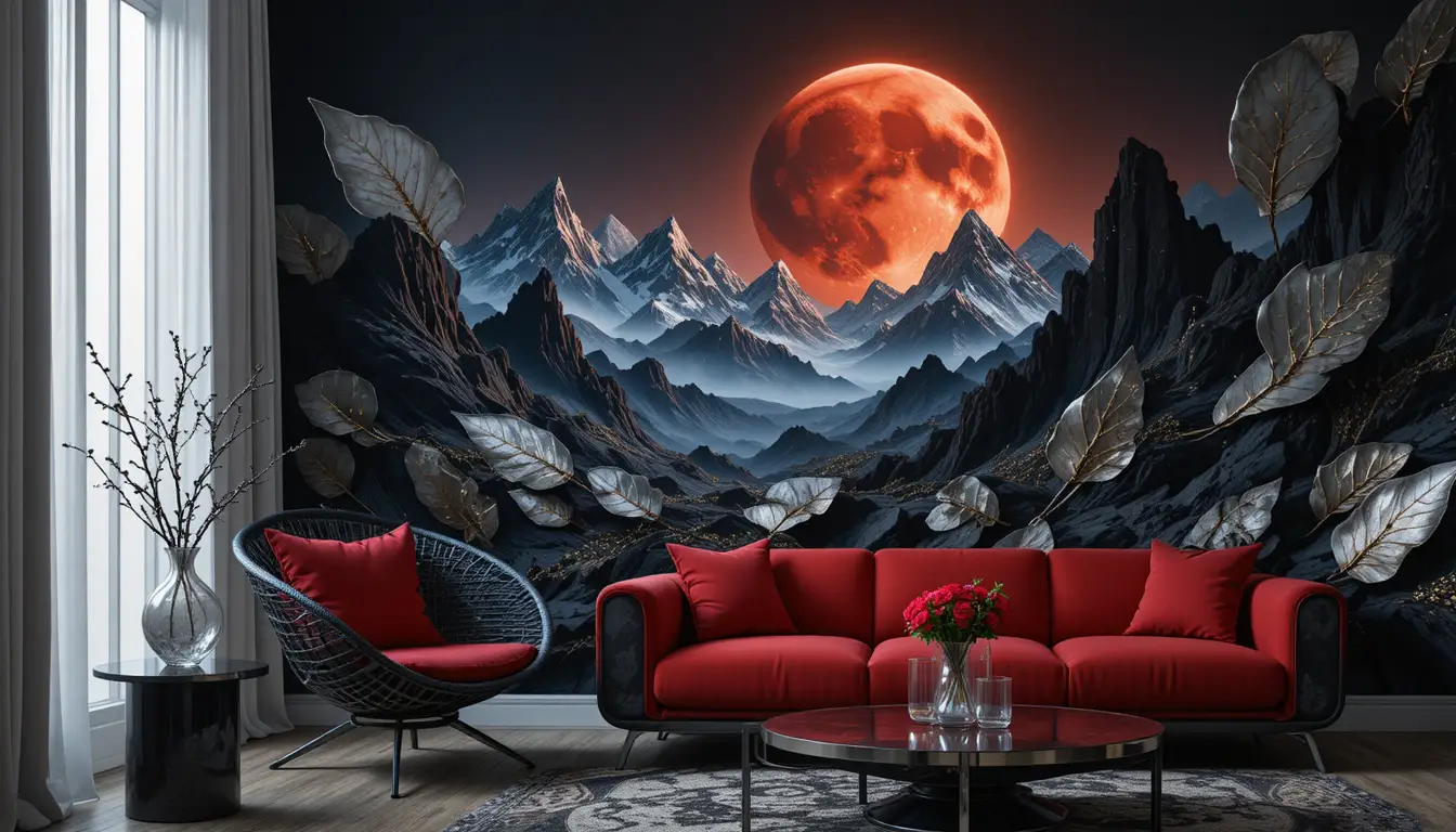 Silla negra y cojín rojo junto a mural de montaña a la luz de la luna
