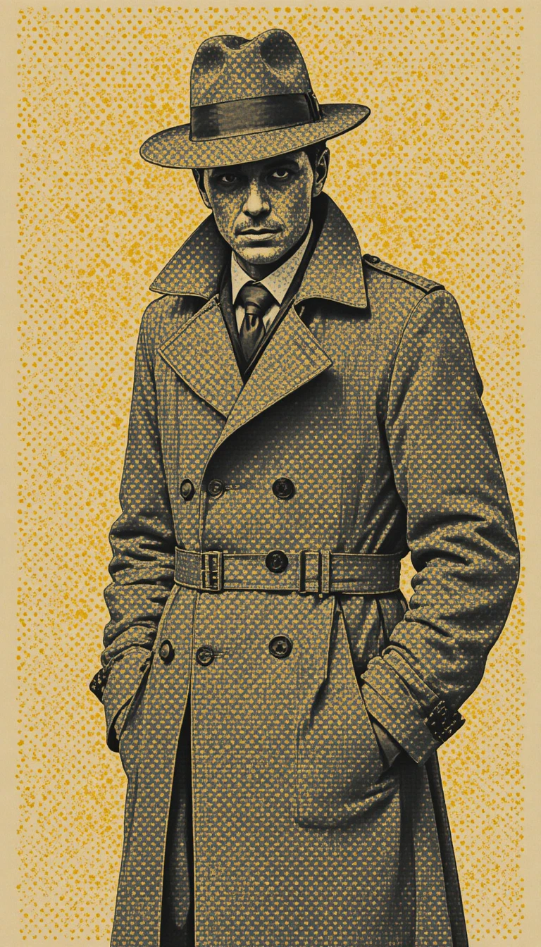 Vintage-Halbtoneffekt: Detektiv im Trenchcoat mit verblassenden Punkten