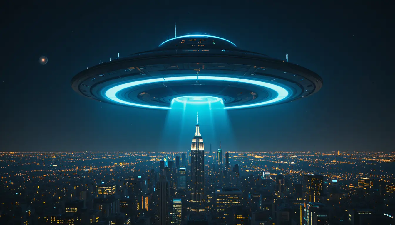 UFO luminoso in volo sopra un’immensa città notturna
