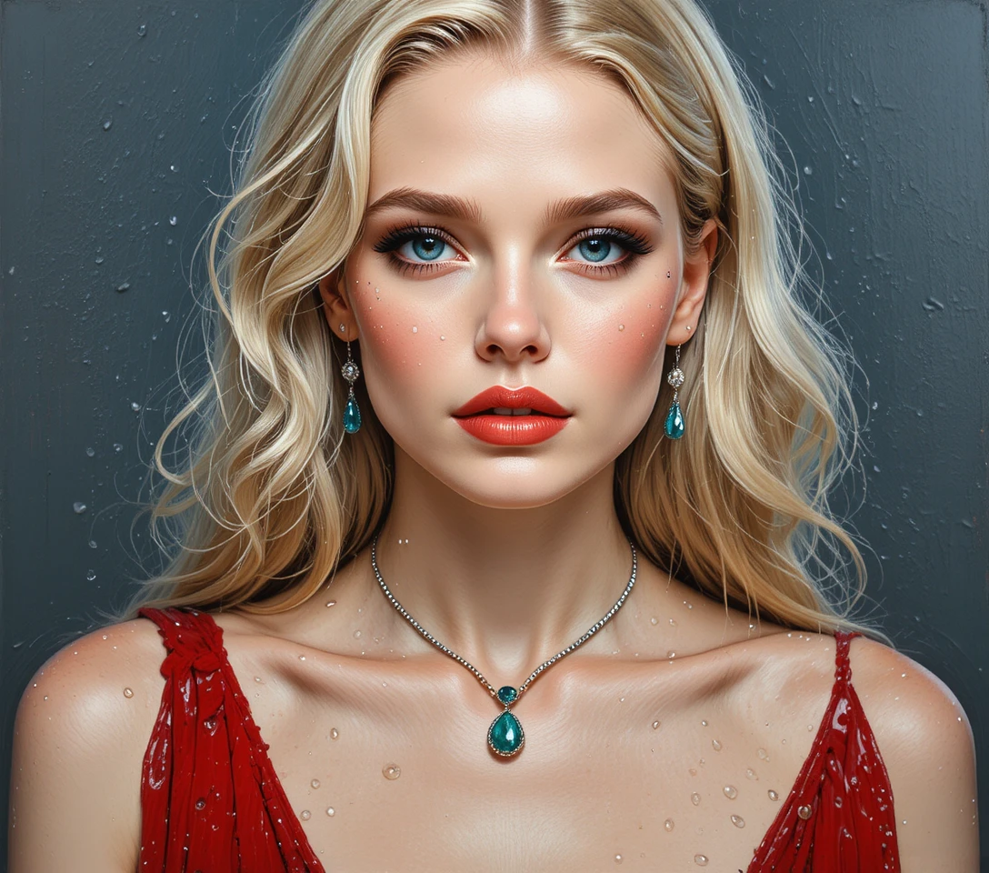 Retrato moderno pintado de mulher loira glamourosa em vestido vermelho