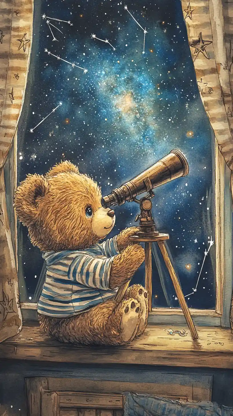 Cute teddy bear at window watching the starry night sky