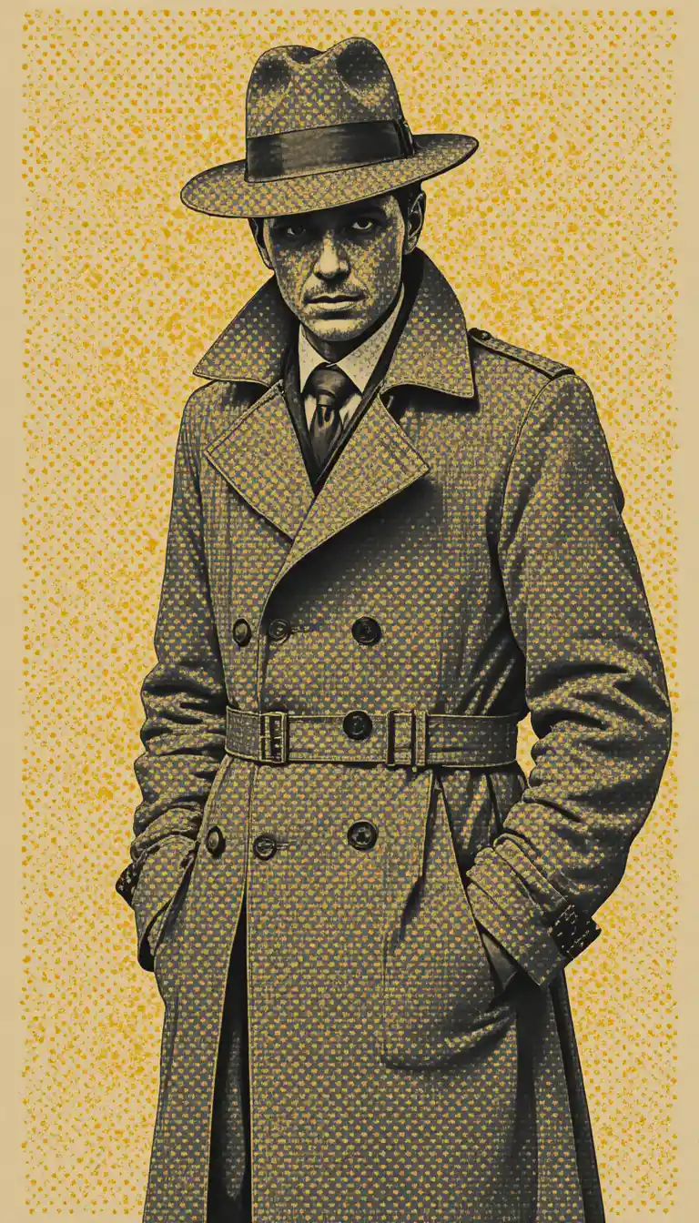 Vintage halftone detective in trench coat with faded dots