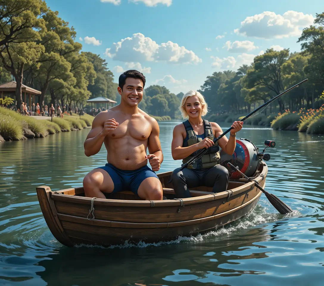 Glückliches Paar entspannt sich in einem sonnigen Wasserpark im Sommer