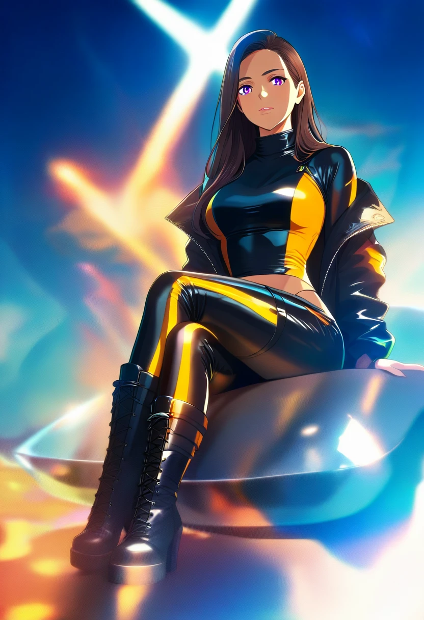 Anime racer girl in black and orange suit at racetrack