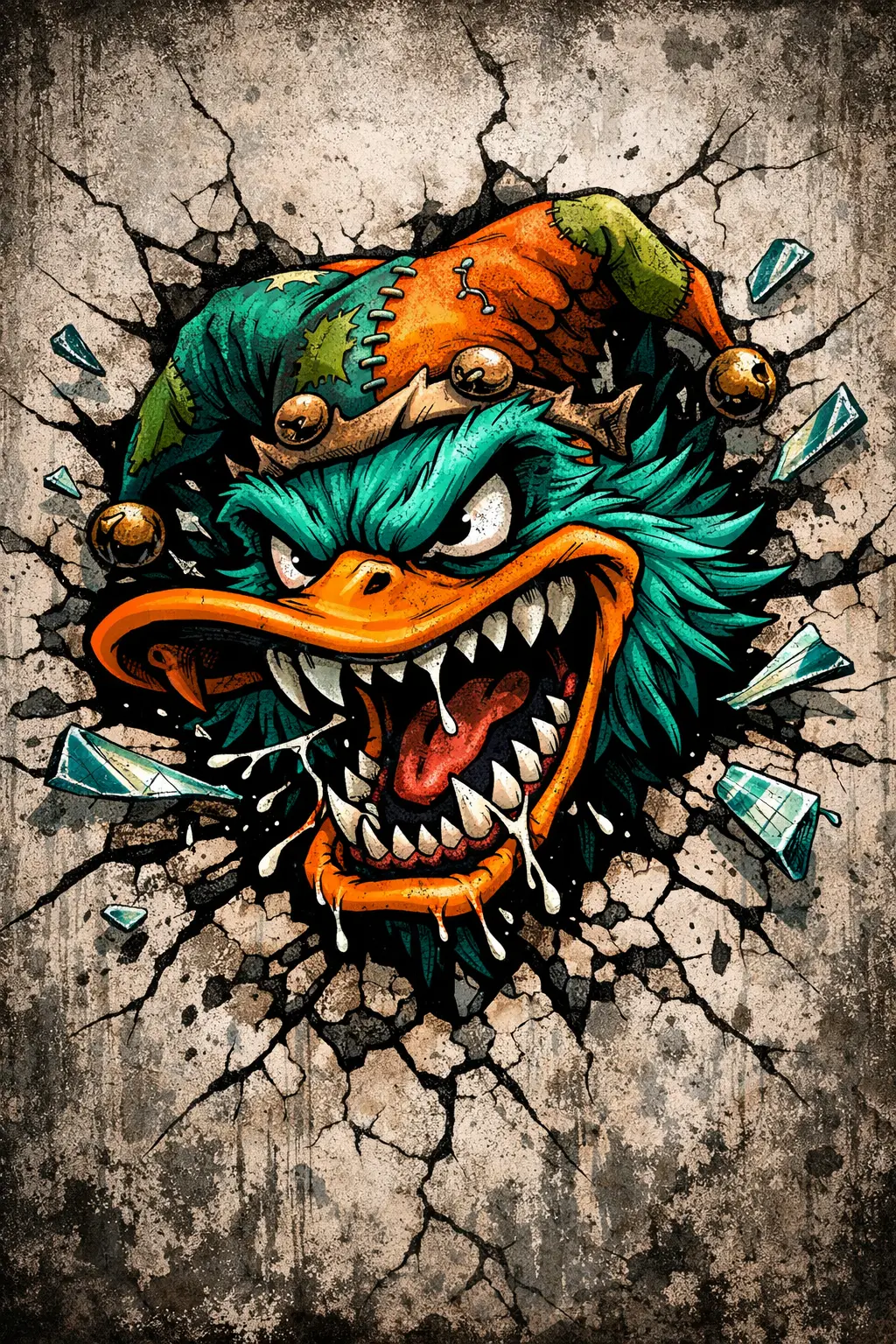 Mascotte de canard furieux en graffiti défonçant un mur fissuré