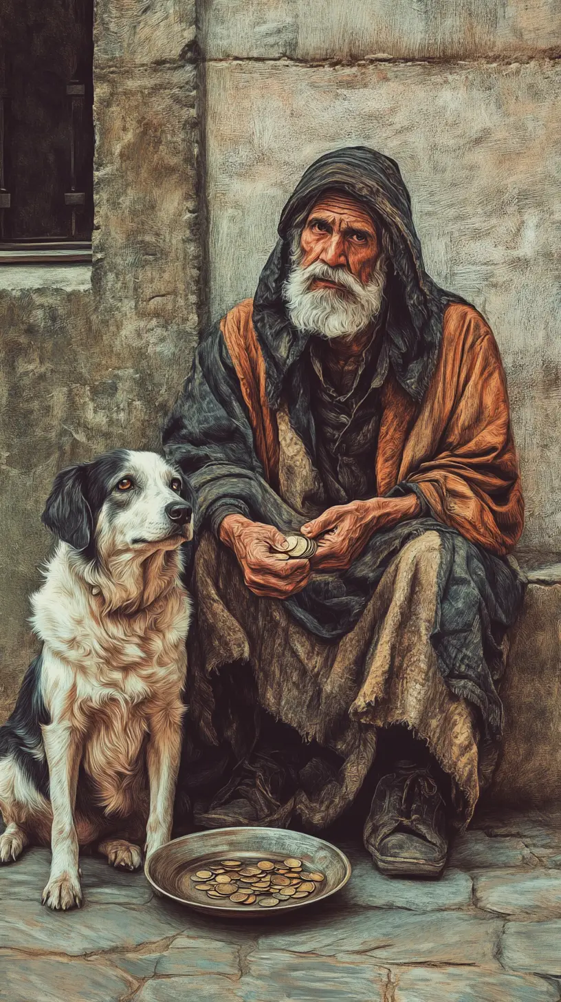 Mendicante seduto con il suo cane contro il muro di una casa in città