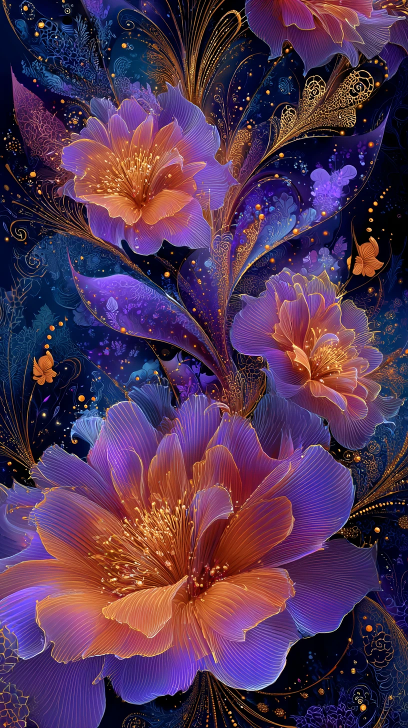 Flores fantásticas surreais brilhando contra um fundo ornamental escuro