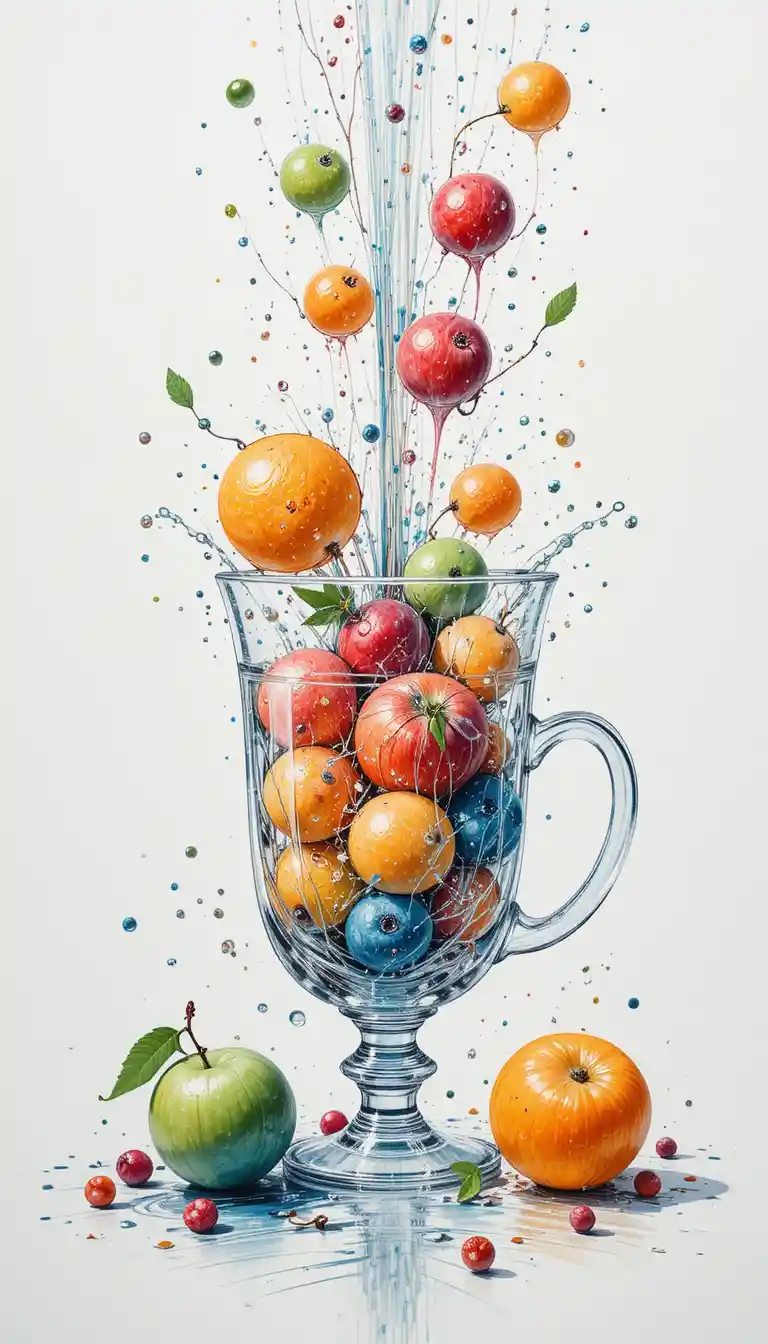 Colorful fruits falling into a clear crystal cup