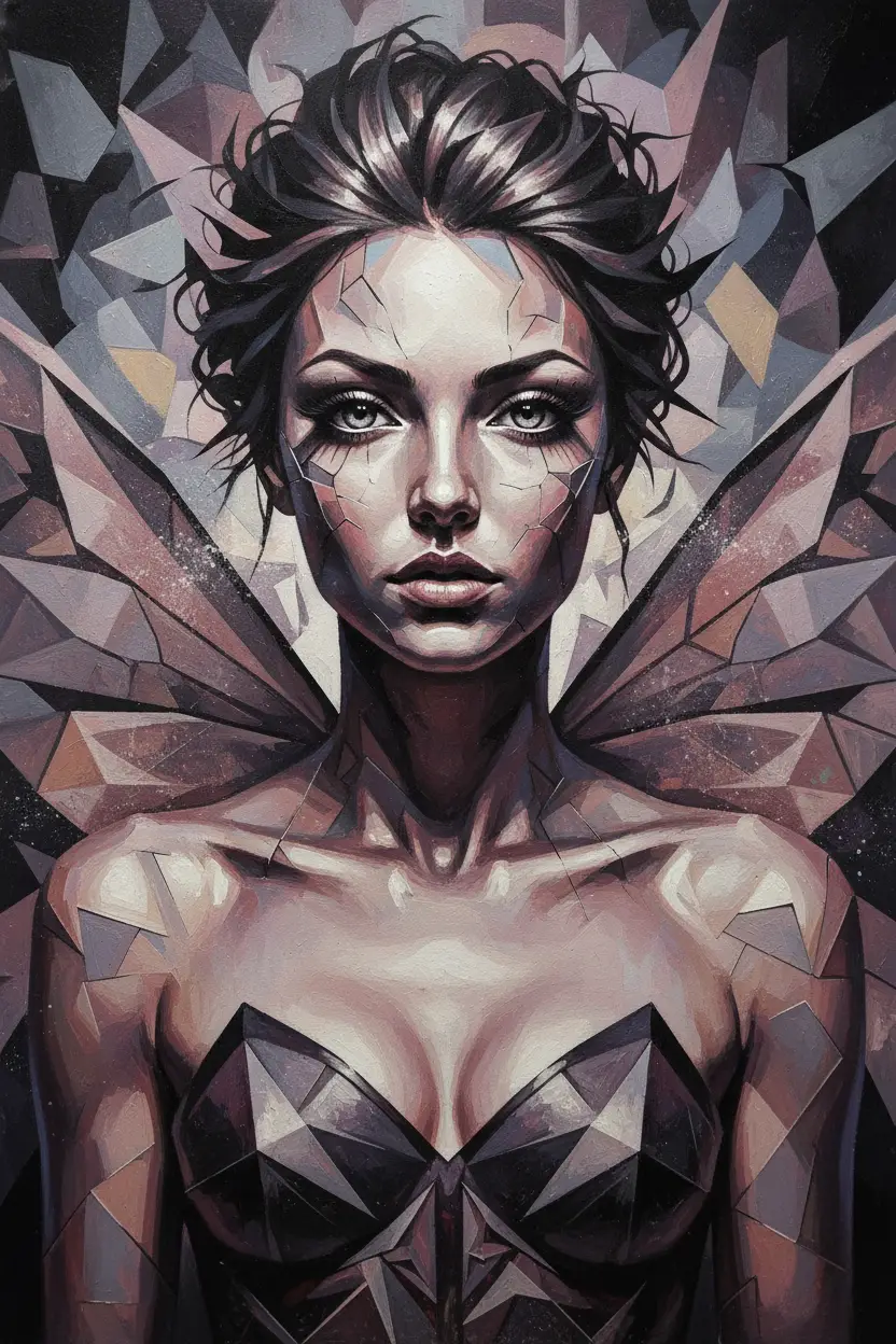 Cubist fairy portrait with angular geometric facial fragments