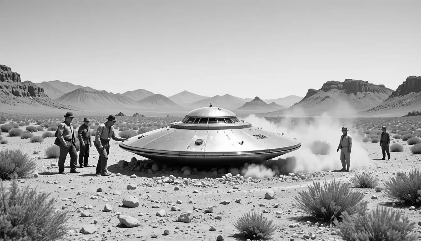 Men inspect crashed flying saucer in barren desert landscape
