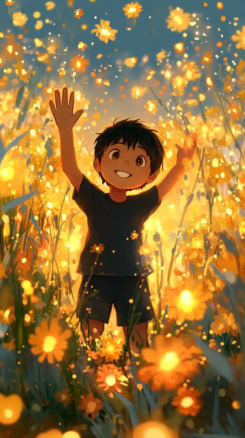 Cheerful Cartoon Boy Waving In A Glowing Flower Field