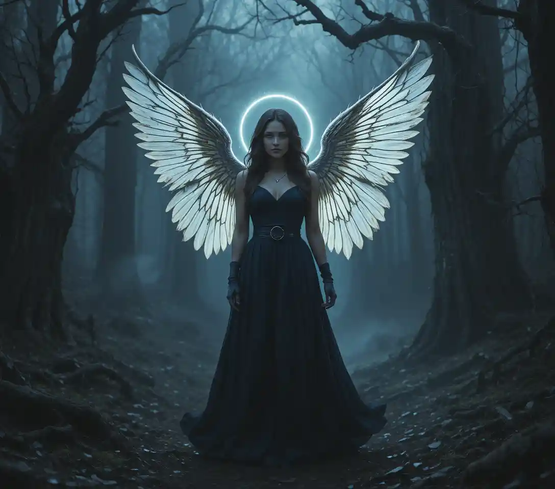Angel like woman glowing in a dark twisted forest
