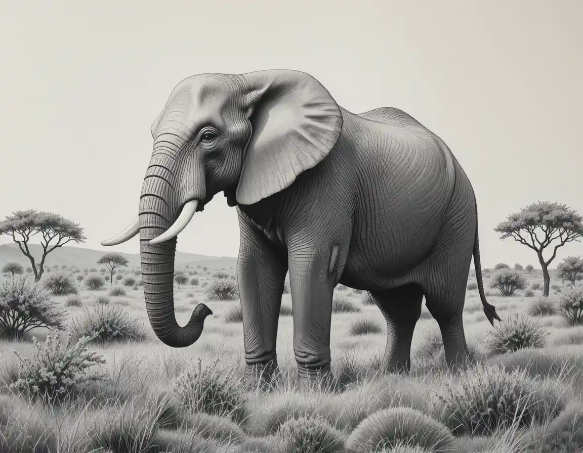 Majestic African elephant in a serene savanna pencil drawing