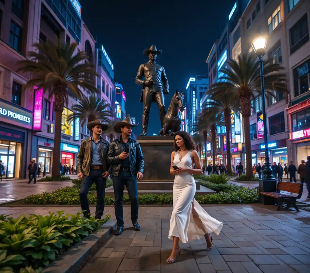 Urban night street scene with statue cowboys and woman