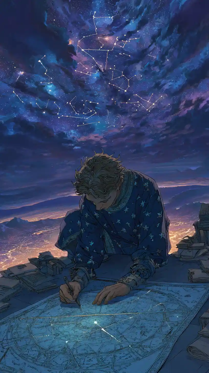 Young celestial cartographer drawing constellations under a cosmic sky