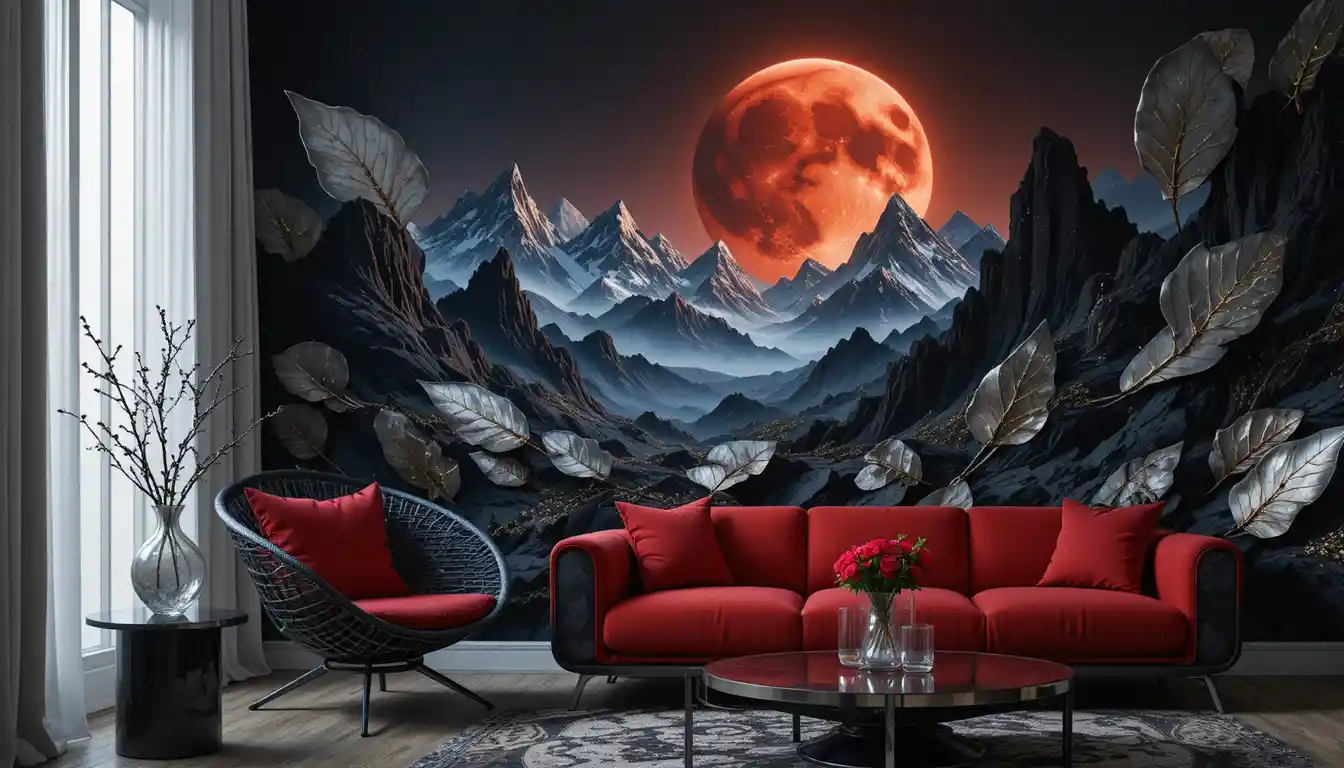 Black chair and red cushion by moonlit mountain mural