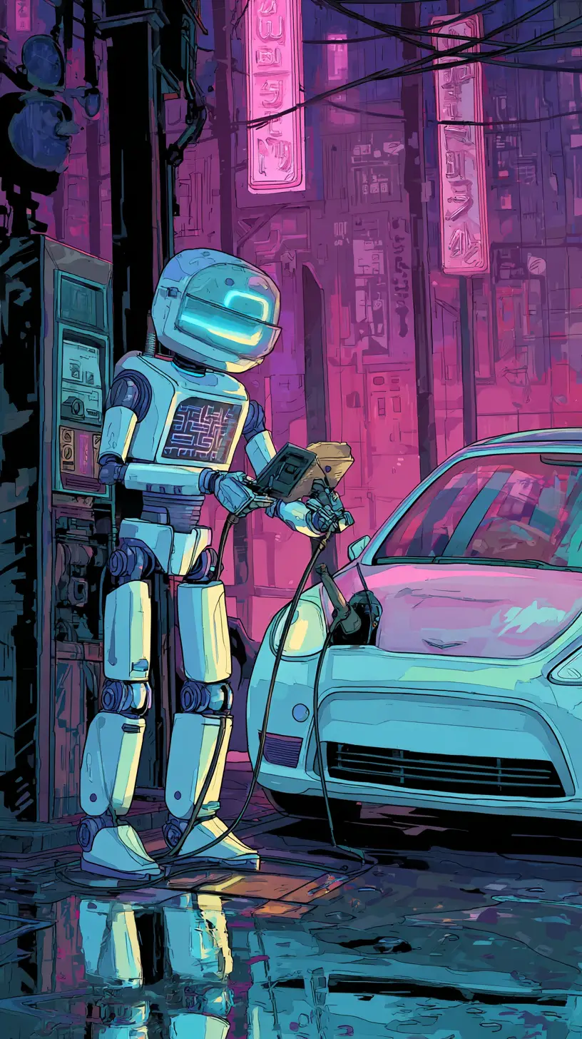 Robot Charging An Electric Car At Futuristic Neon Station