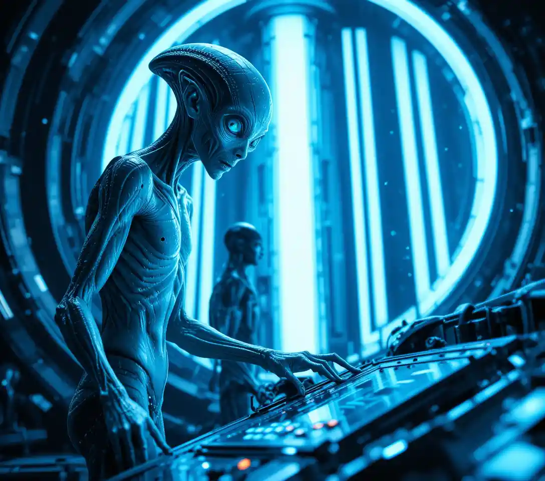 Tall blue alien reaching toward glowing futuristic console