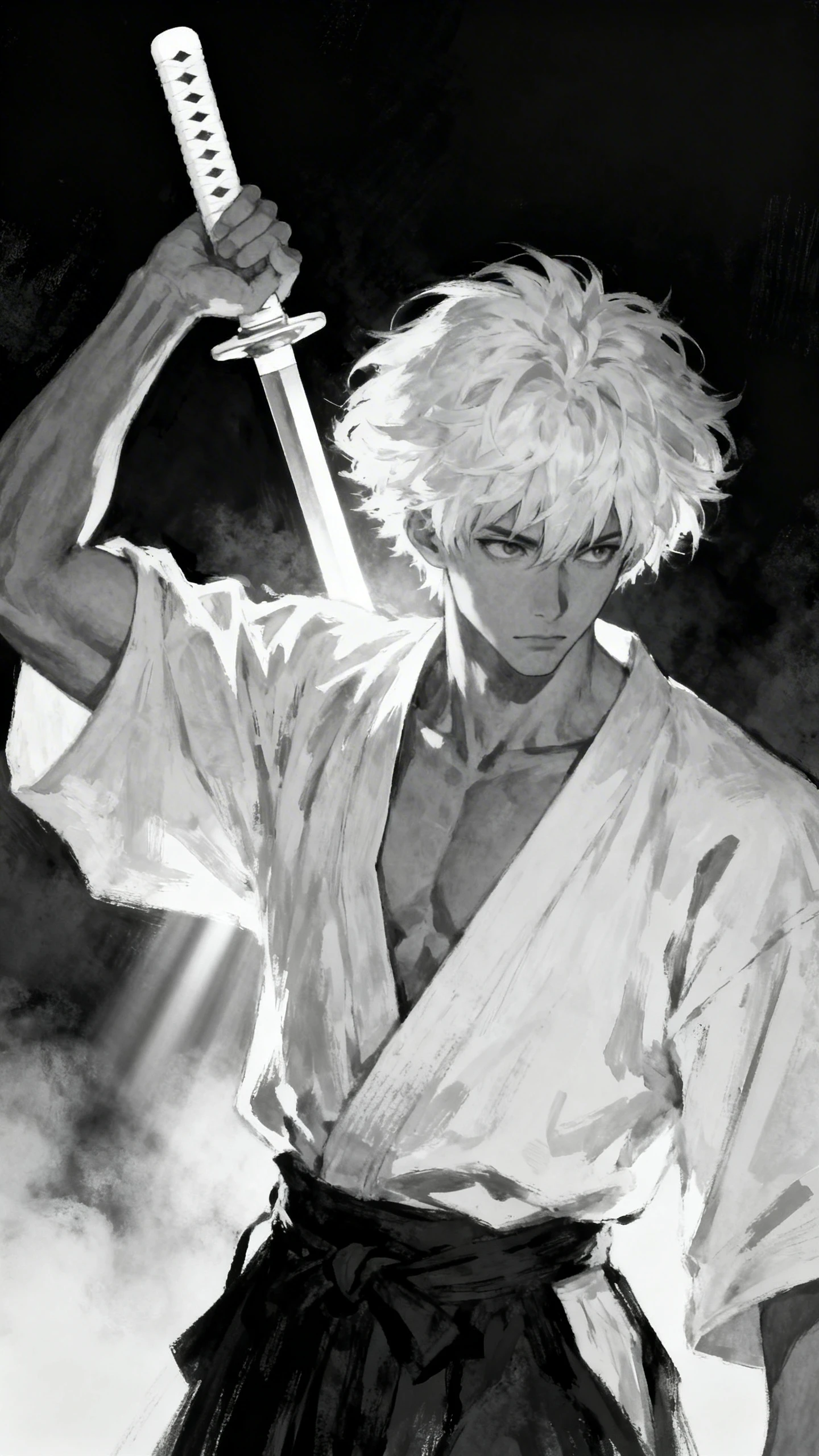 Guerreiro de anime monocromático com espada em suave claro-escuro